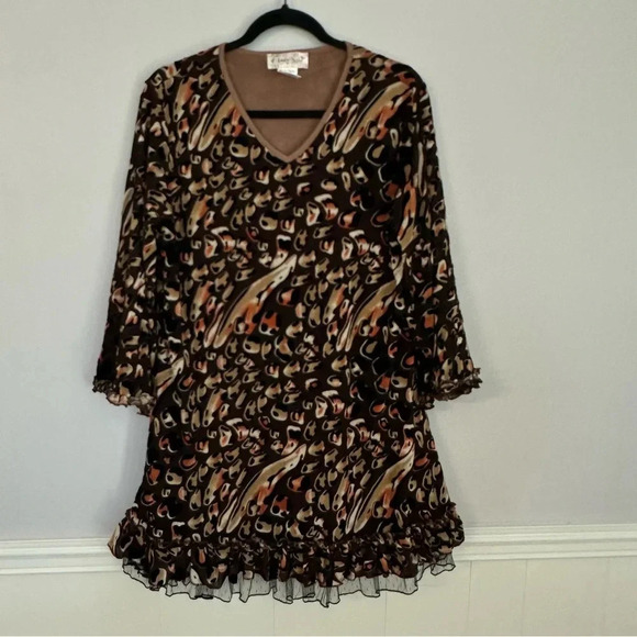 Lady Noiz Women's 3/4 Ruffle Sleeve V-Neck Brown Cheetah Dress Size XL GUC - Picture 2 of 8